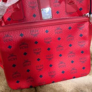 MCM Red Backpack with Logo Pattern